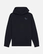 Black hoodie with a small logo on the back against a light gray background#color_black