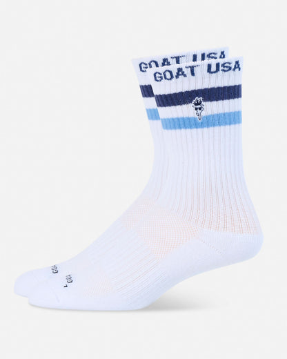White sock with blue accents and 'GOAT USA' text on a white background