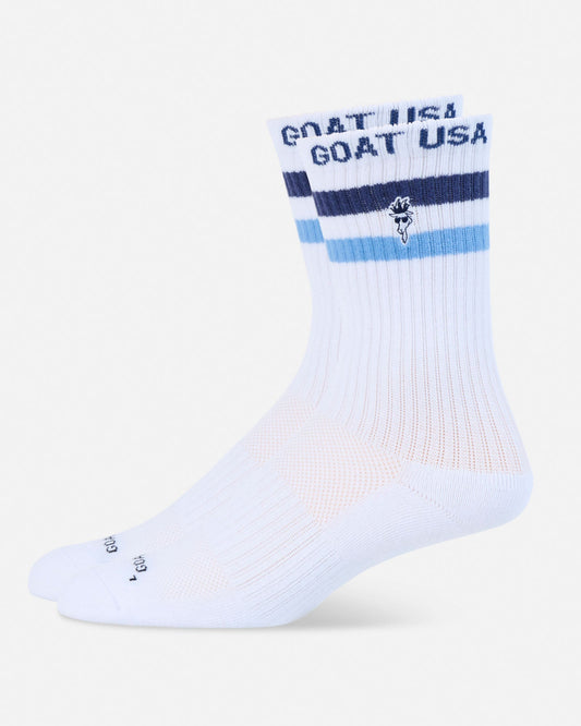 White sock with blue accents and 'GOAT USA' text on a white background