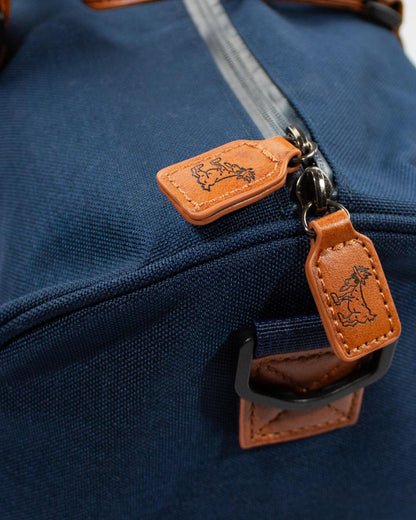 Close up of zippers on navy OG Duffel Bag#color_navy