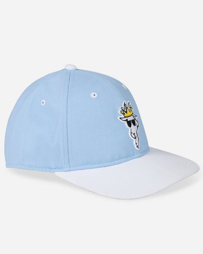 Angled view of the carolina blue & white goat head snapback hat