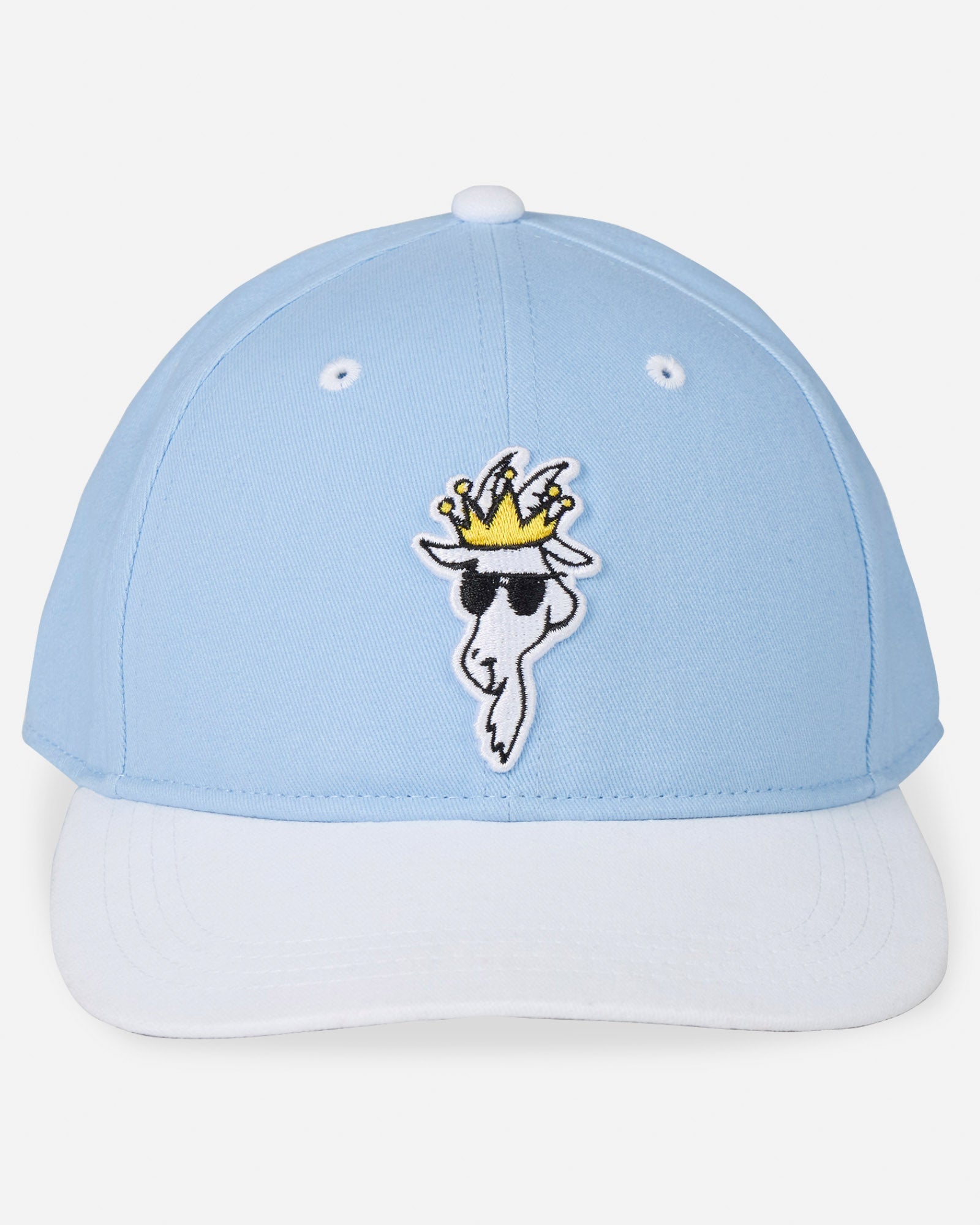 Front of the carolina blue & white goat head snapback hat