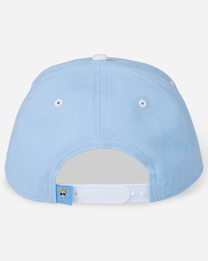 Back of the carolina blue & white goat head snapback hat