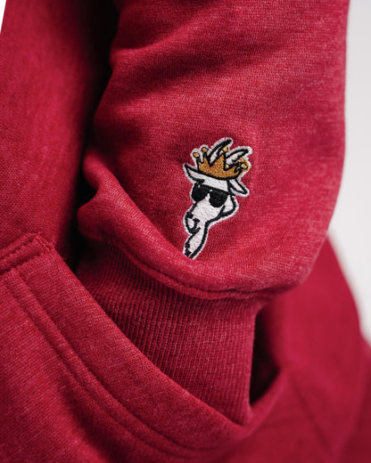 Close-up of sleeve embroidery on cardinal WG Hooded Sweatshirt#color_cardinal