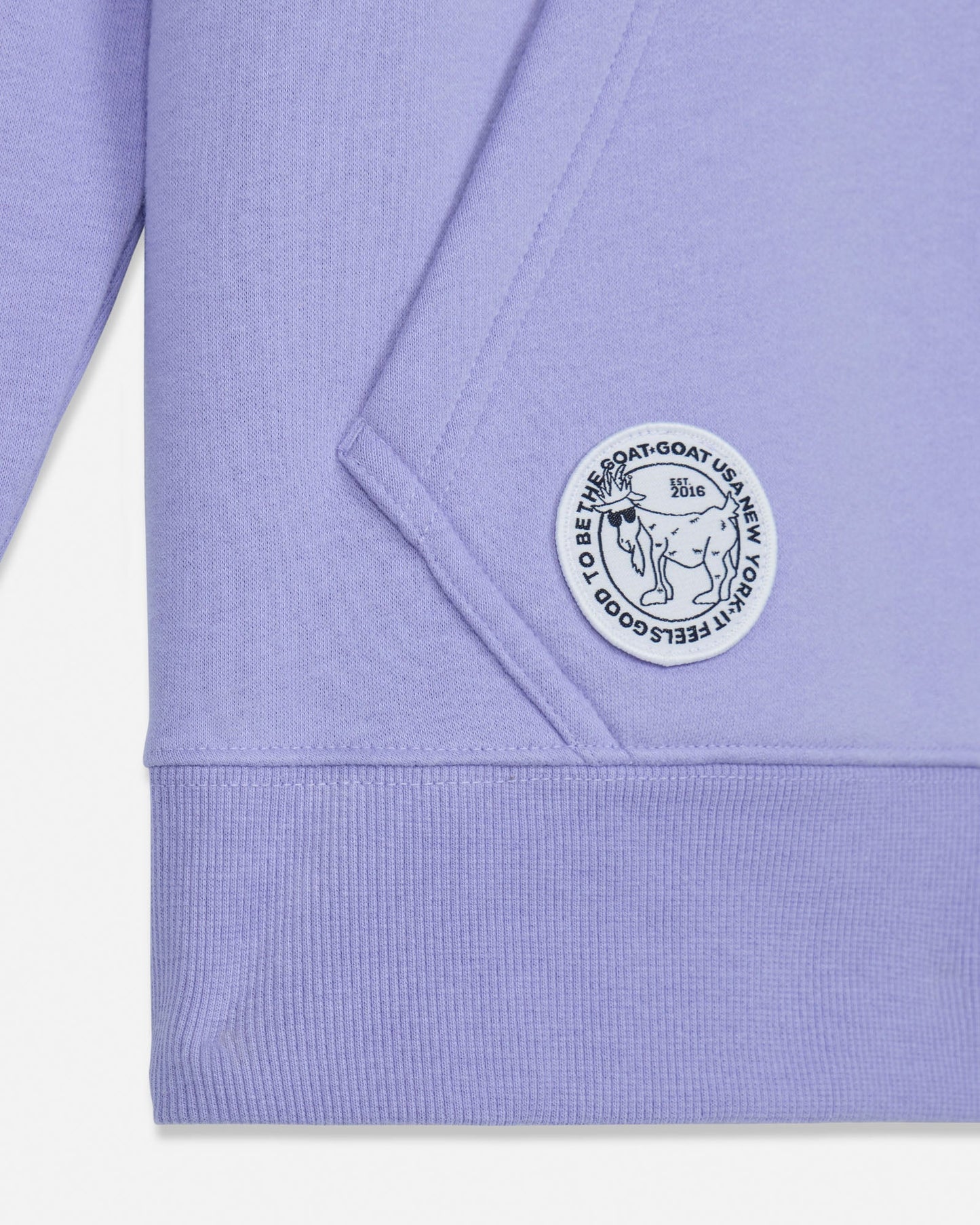 Close-up of a light purple hoodie with a brand logo on a white background#color_periwinkle