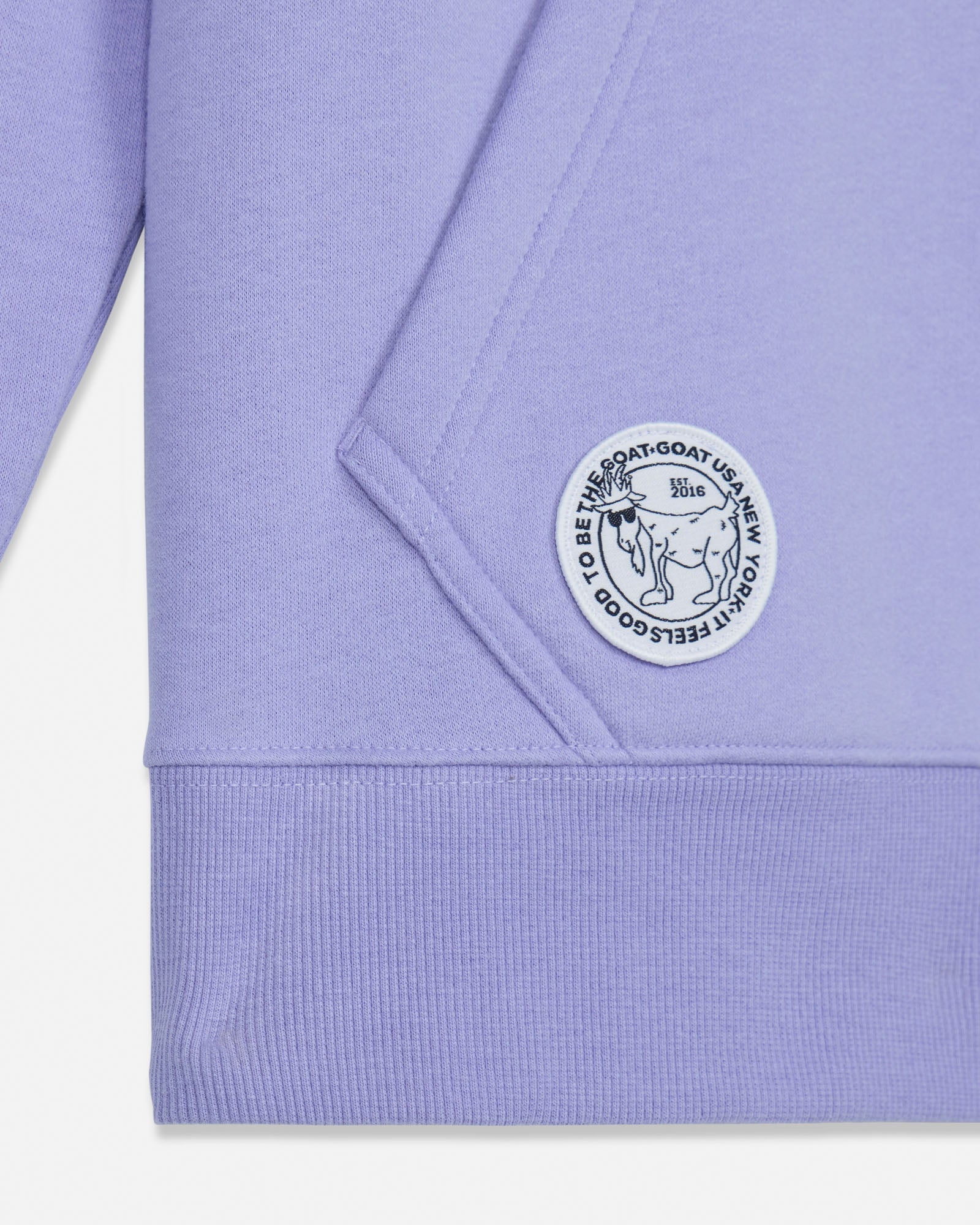 Close-up of a light purple hoodie with a brand logo on a white background#color_periwinkle