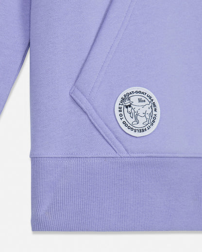 Close-up of a light purple hoodie with a brand logo on a white background#color_periwinkle