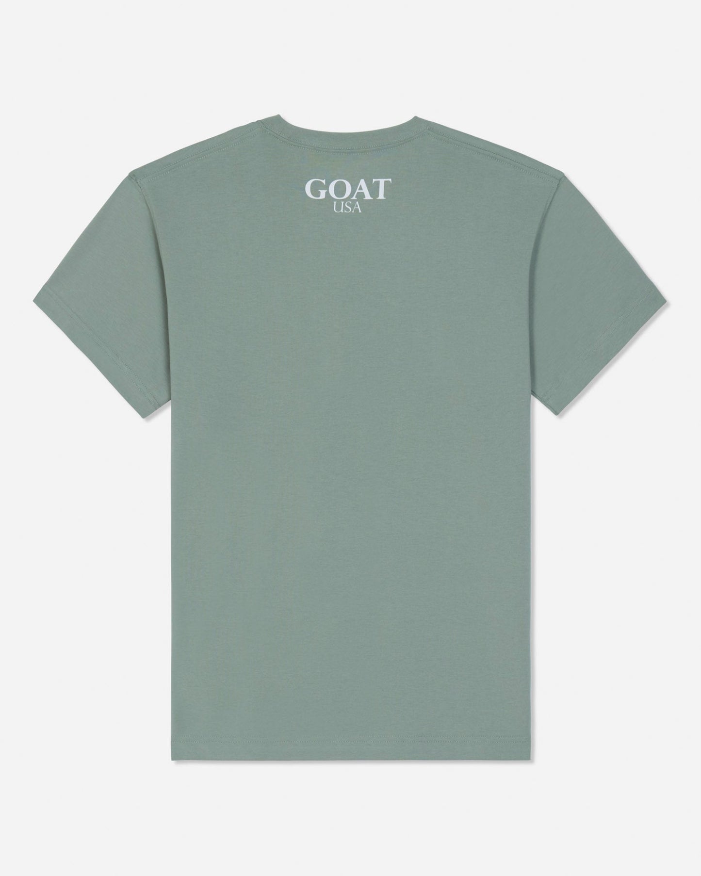 A sage green short-sleeve t-shirt with 'GOAT USA' printed in white serif text on the upper chest, displayed flat against a light gray background.#color_steeped-sage