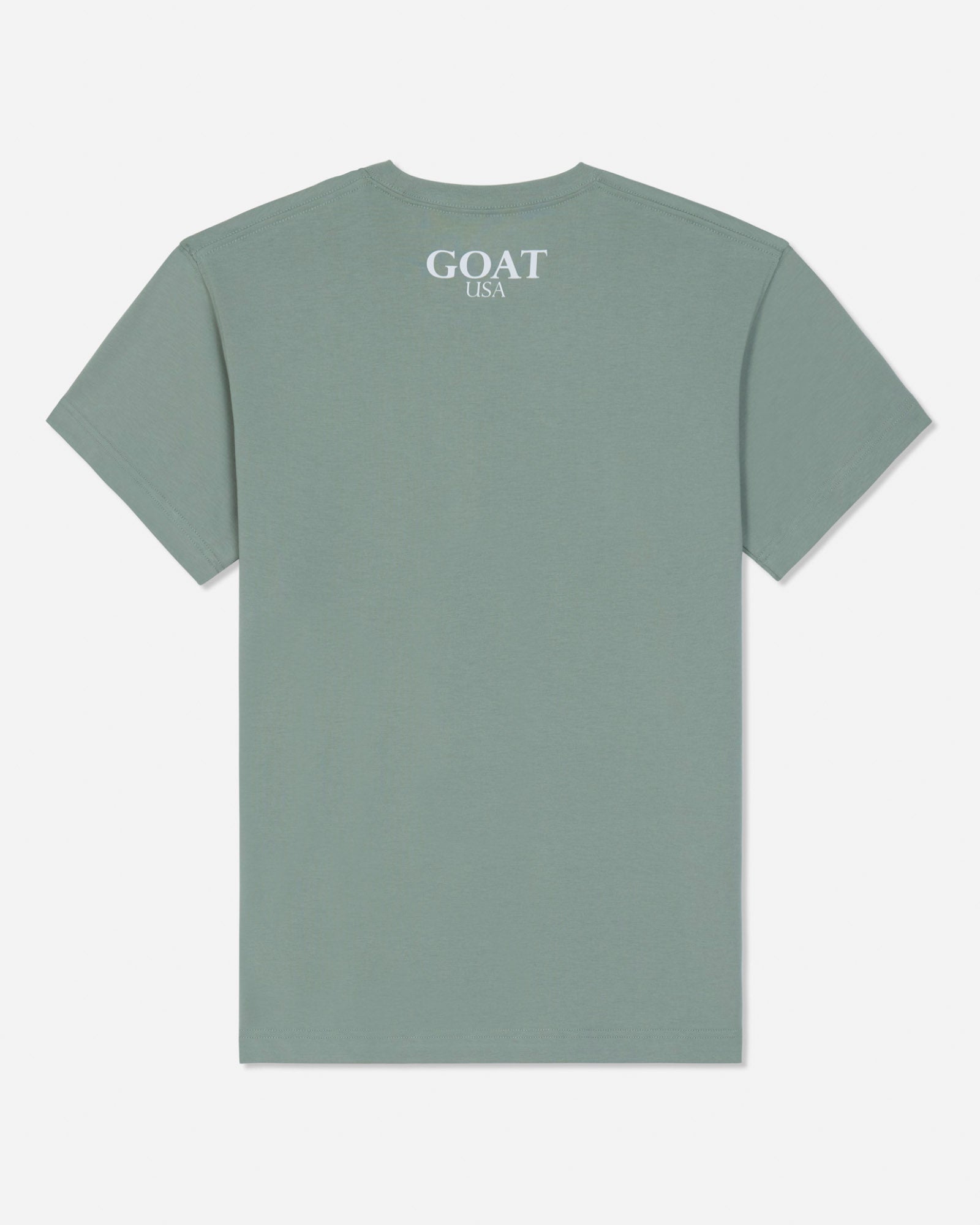 A sage green short-sleeve t-shirt with 'GOAT USA' printed in white serif text on the upper chest, displayed flat against a light gray background.#color_steeped-sage