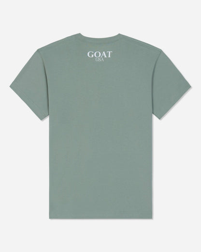 A sage green short-sleeve t-shirt with 'GOAT USA' printed in white serif text on the upper chest, displayed flat against a light gray background.#color_steeped-sage