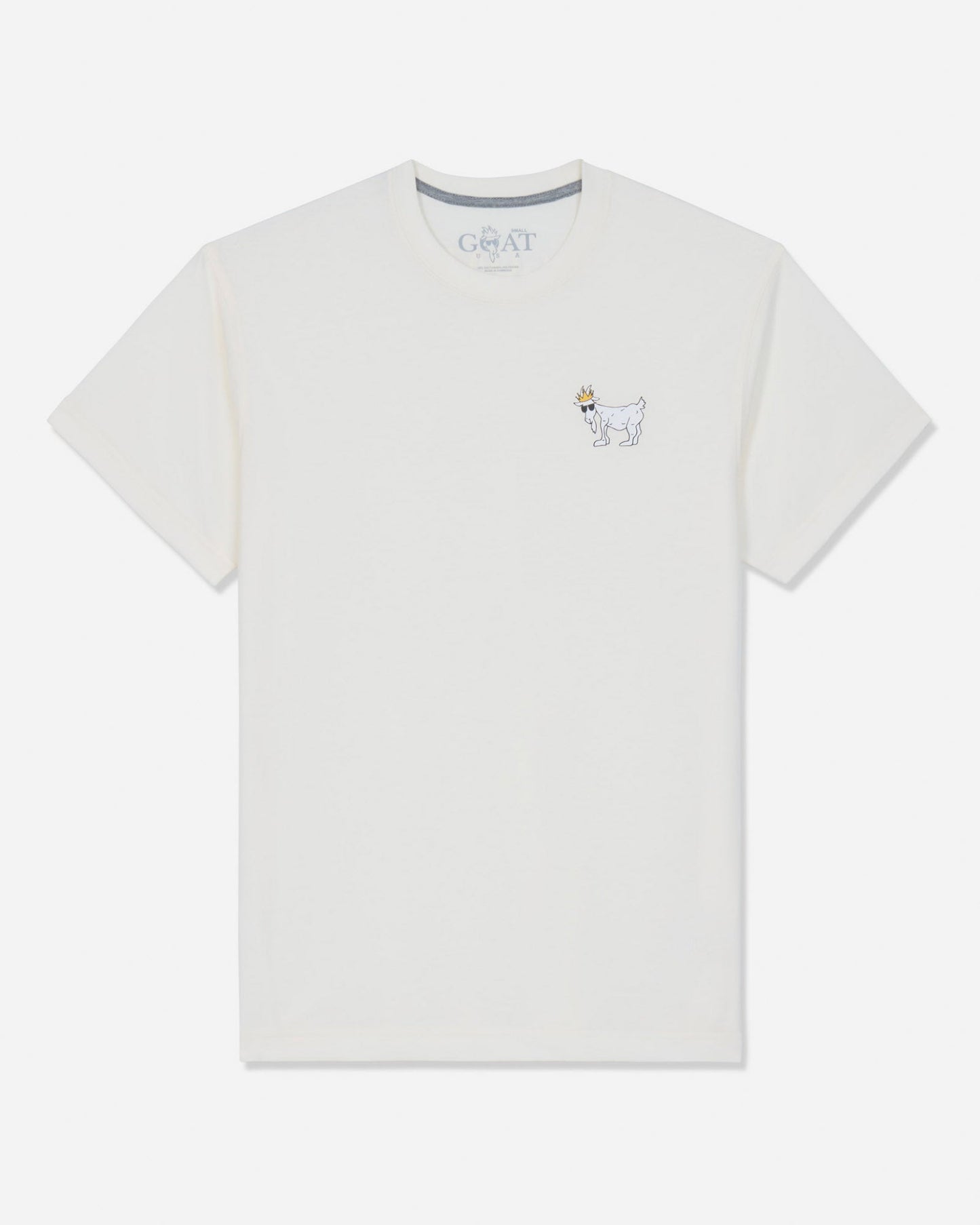 An off-white short-sleeve crewneck t-shirt, featuring a small embroidered white goat wearing a gold crown on the left chest, displayed on a clean white background.#color_bone
