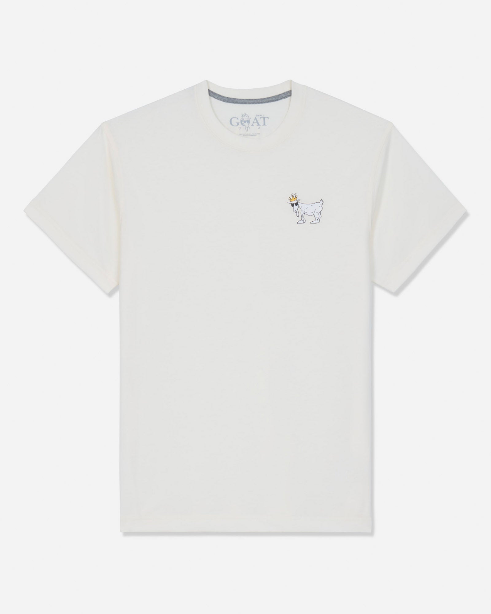 An off-white short-sleeve crewneck t-shirt, featuring a small embroidered white goat wearing a gold crown on the left chest, displayed on a clean white background.#color_bone