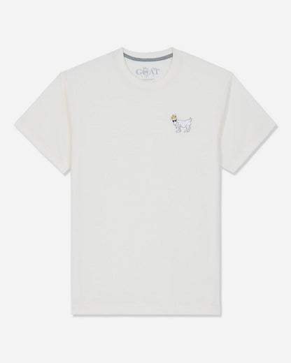 An off-white short-sleeve crewneck t-shirt, featuring a small embroidered white goat wearing a gold crown on the left chest, displayed on a clean white background.#color_bone