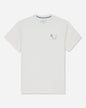 An off-white short-sleeve crewneck t-shirt, featuring a small embroidered white goat wearing a gold crown on the left chest, displayed on a clean white background.#color_bone