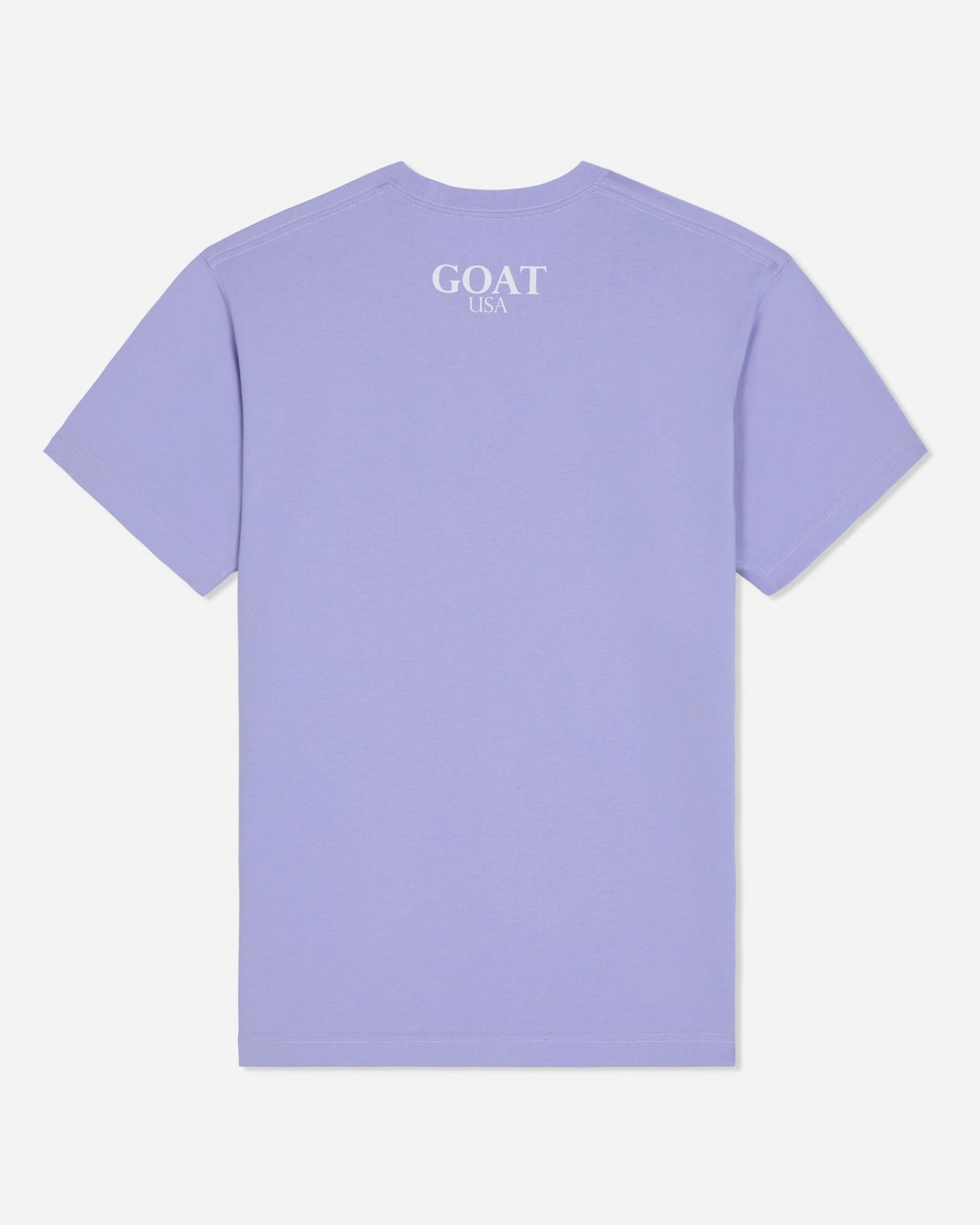 Purple t-shirt with 'GOAT' text on the back against a white background#color_periwinkle