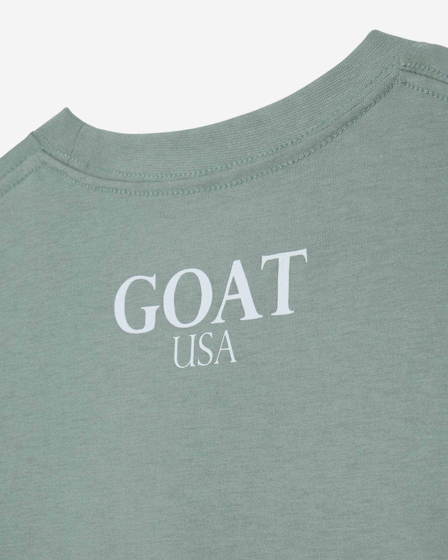 Close-up of a sage green t-shirt with 'GOAT USA' printed in white serif text on the chest.#color_steeped-sage