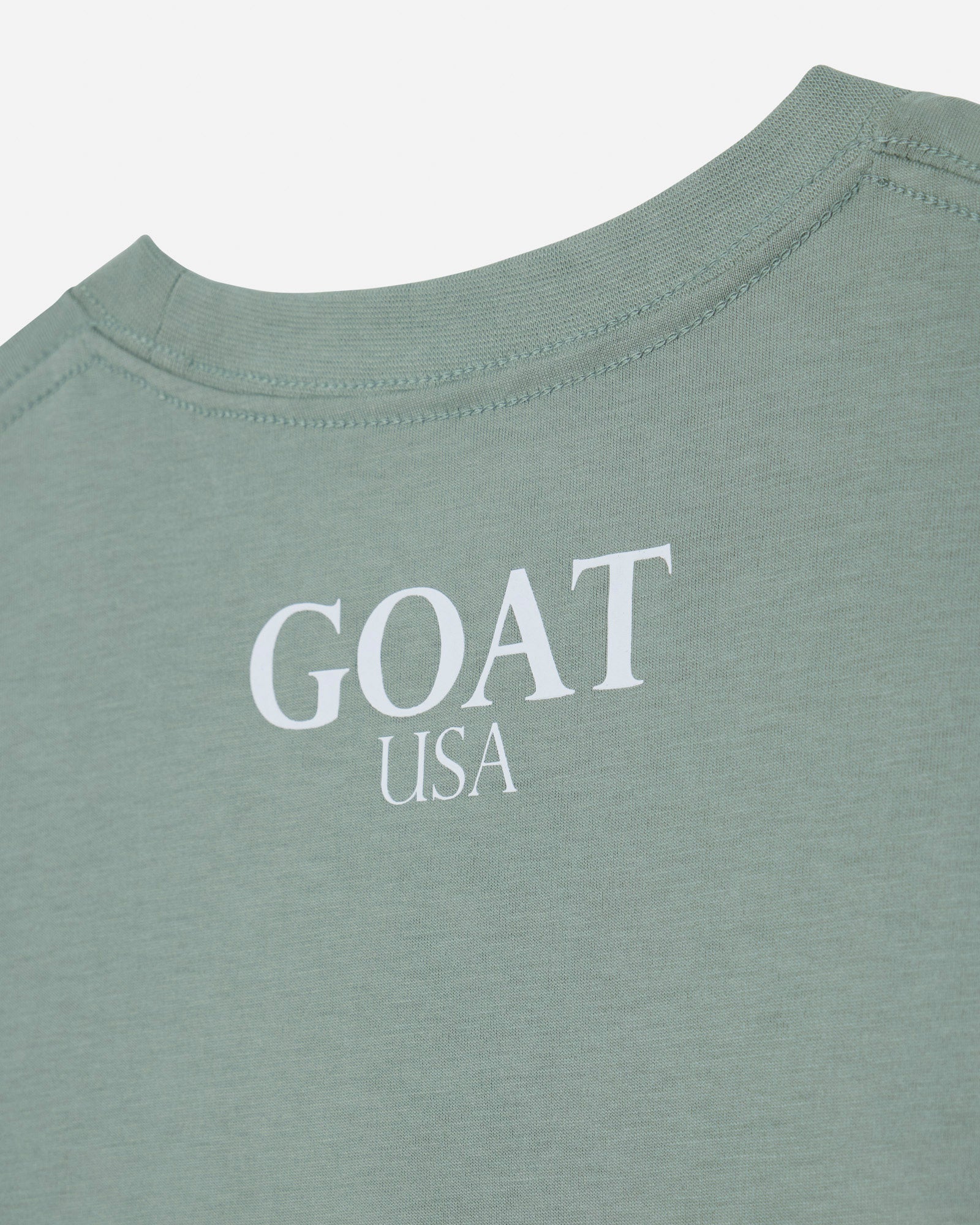 Close-up of a sage green t-shirt with 'GOAT USA' printed in white serif text on the chest.#color_steeped-sage
