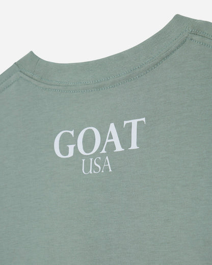 Close-up of a sage green t-shirt with 'GOAT USA' printed in white serif text on the chest.#color_steeped-sage