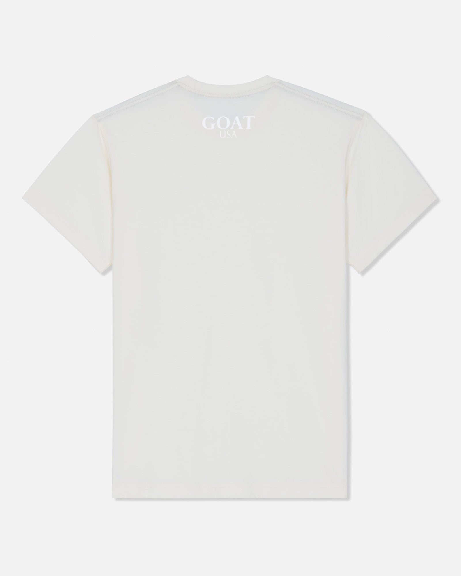 A white short-sleeve t-shirt shown from the back, featuring a subtle, tonal white 'GOAT' logo printed at the center of the upper back, set against a light gray studio background.#color_bone