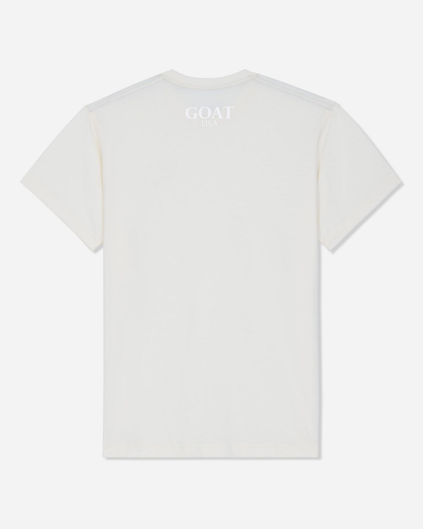 A white short-sleeve t-shirt shown from the back, featuring a subtle, tonal white 'GOAT' logo printed at the center of the upper back, set against a light gray studio background.#color_bone
