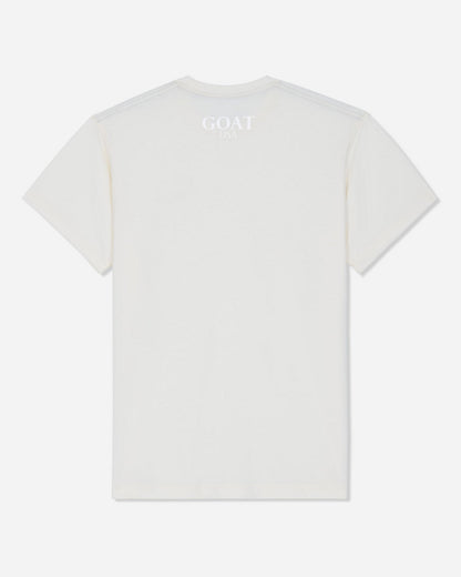 A white short-sleeve t-shirt shown from the back, featuring a subtle, tonal white 'GOAT' logo printed at the center of the upper back, set against a light gray studio background.#color_bone