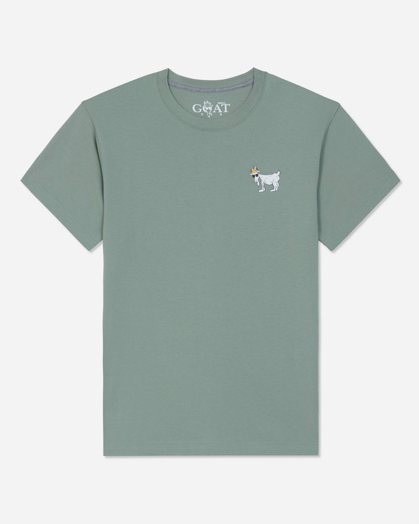 A sage green short-sleeve t-shirt with a small white embroidered goat logo on the left chest, displayed flat against a light gray background.#color_steeped-sage