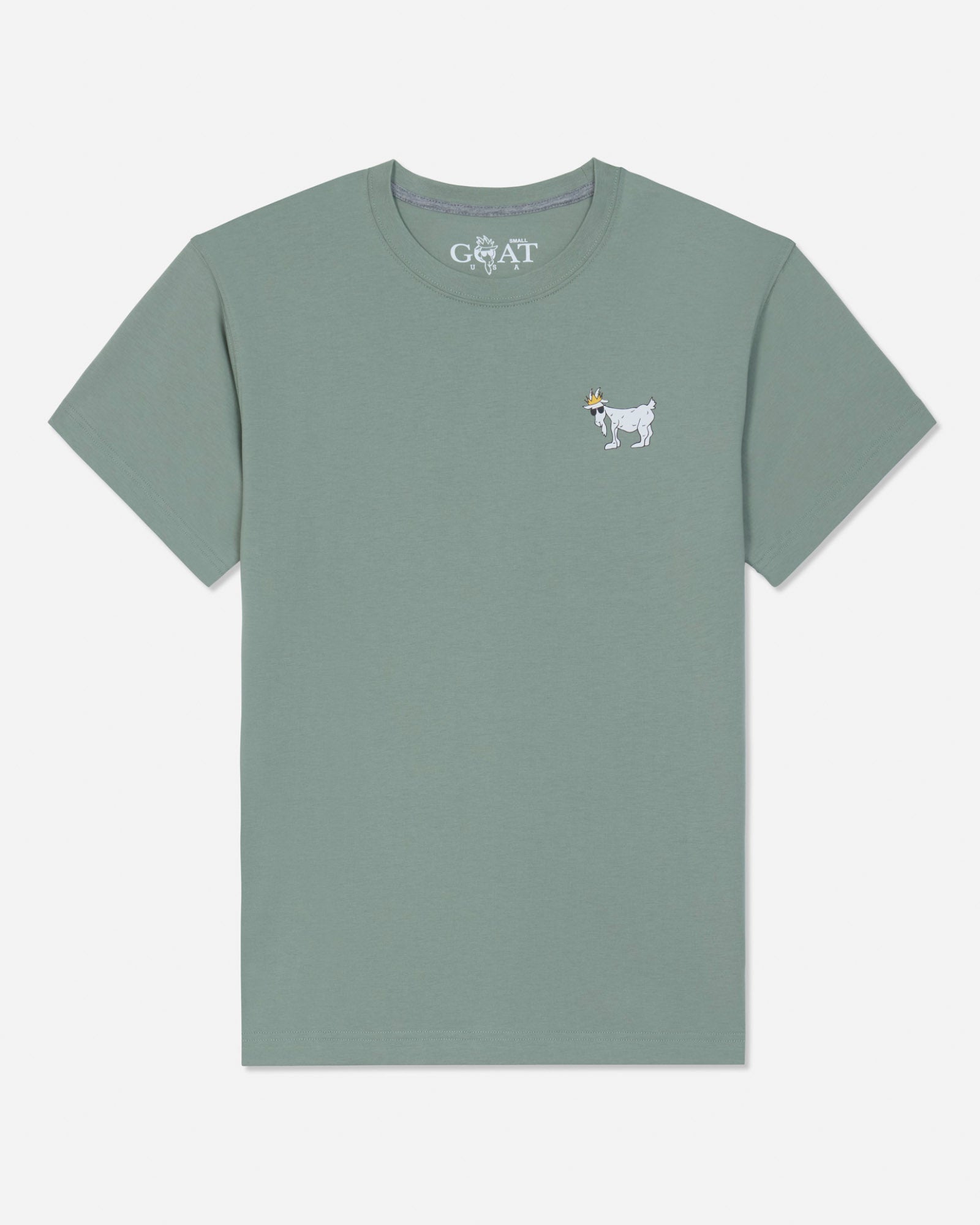 A sage green short-sleeve t-shirt with a small white embroidered goat logo on the left chest, displayed flat against a light gray background.#color_steeped-sage