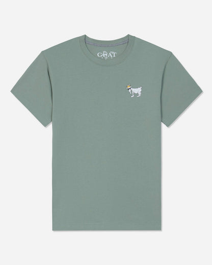 A sage green short-sleeve t-shirt with a small white embroidered goat logo on the left chest, displayed flat against a light gray background.#color_steeped-sage