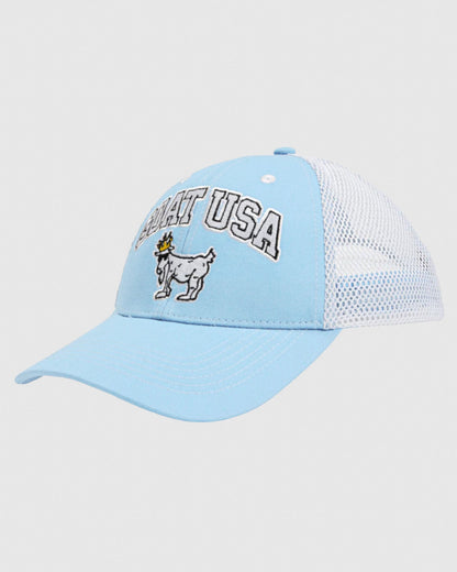 Angled view of carolina blue OG Trucker Hat#color_carolina-blue