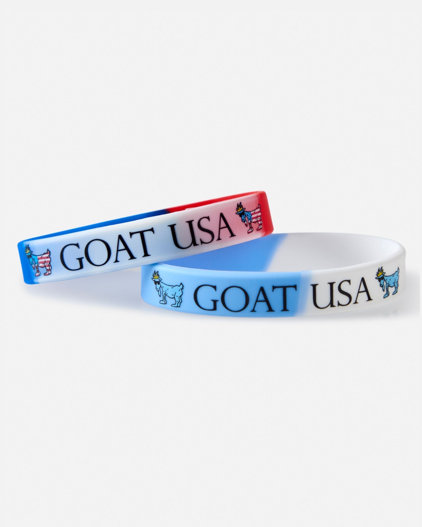 Two wristbands with 'GOAT USA' text on a white background