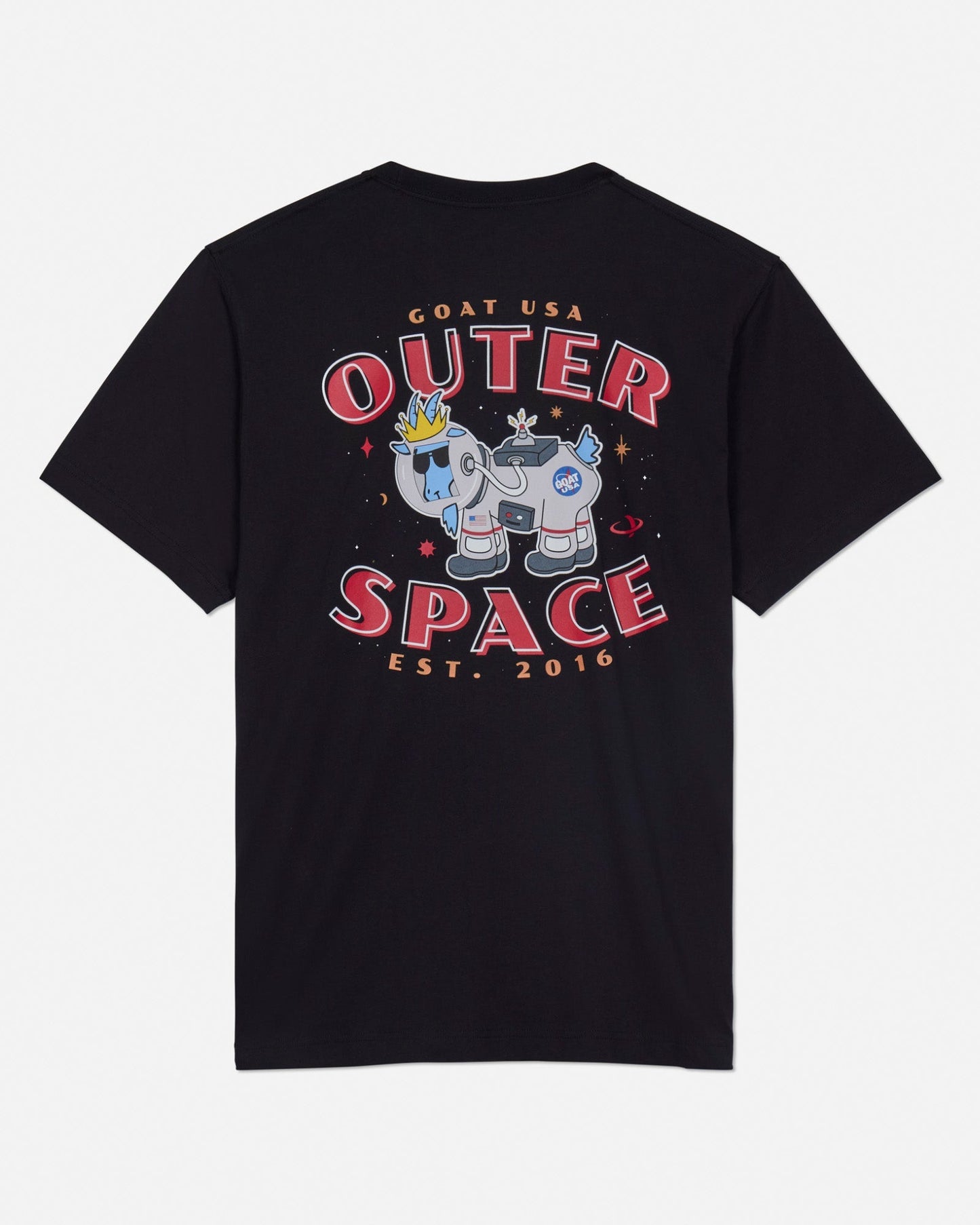 Back of black t-shirt with astronaut goat design