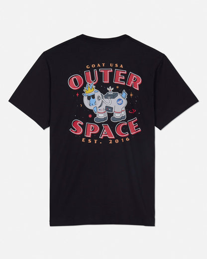 Back of black t-shirt with astronaut goat design
