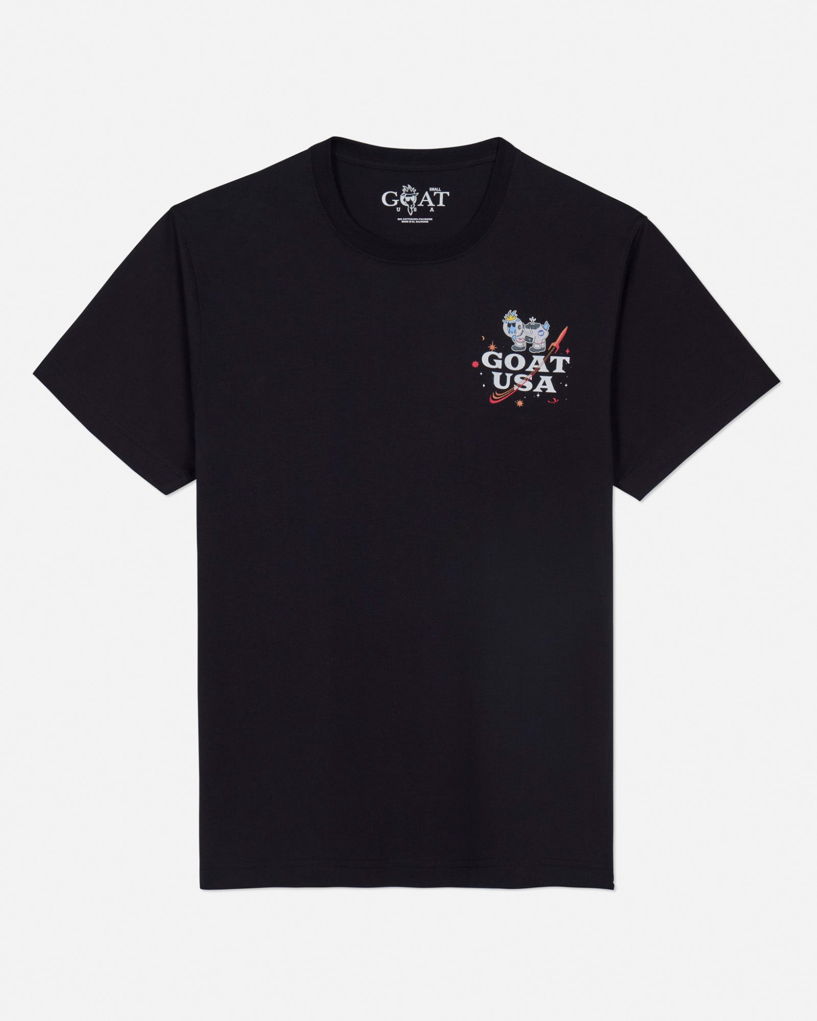 Front of black t-shirt with astronaut goat left-chest logo