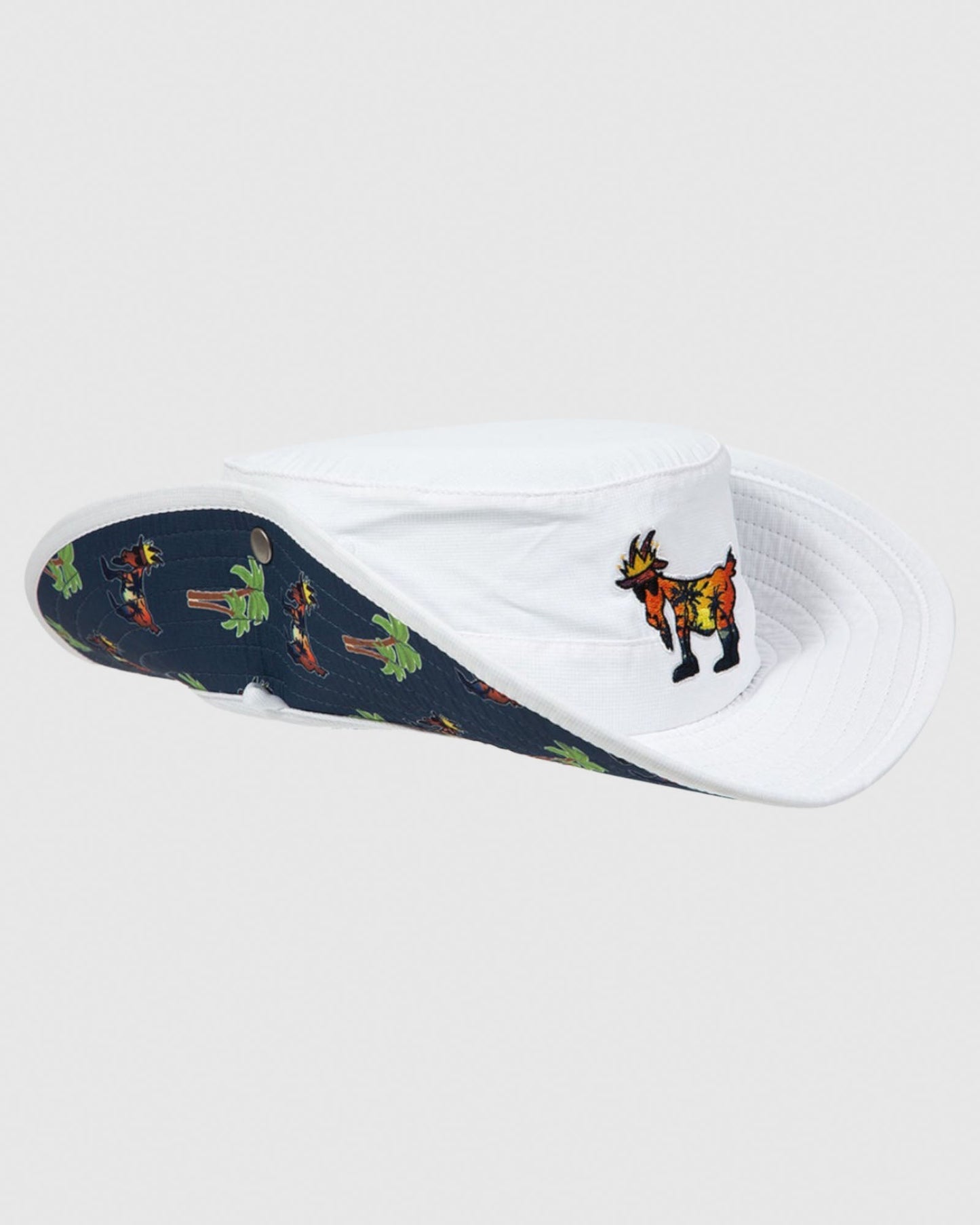 White Palm Tree Bucket Hat with flaps up