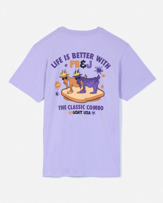 Back of lavender t-shirt with peanut butter and jelly goat graphic