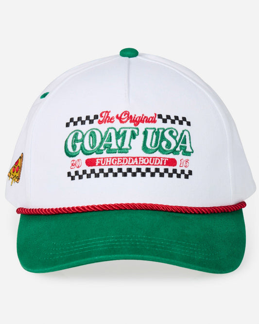 Front of the white GOAT USA "FUHGEDDABOUDIT" pizza snapback hat