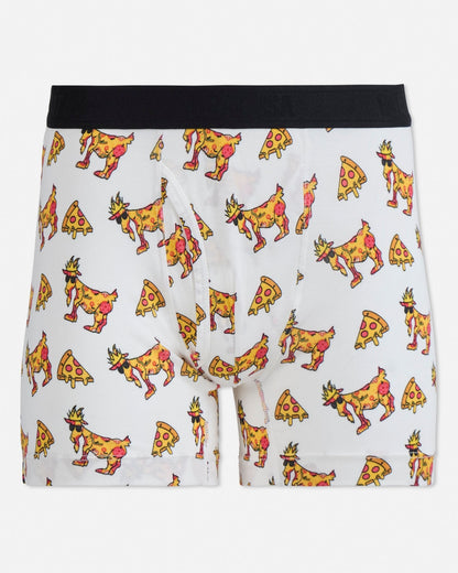 Boxer briefs with a pizza goat pattern on a light gray background