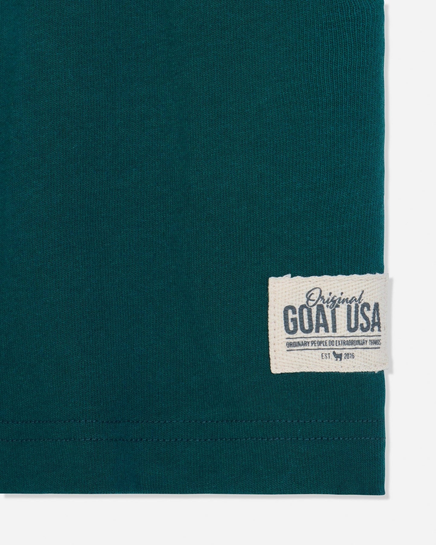 Close-up of stitched patch on sage t-shirt
