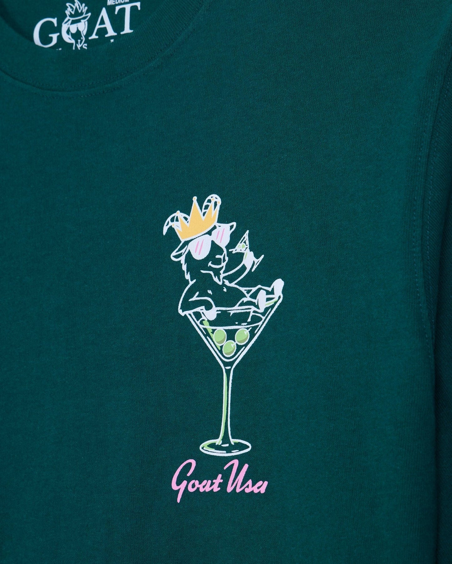 Martini glass goat left-chest graphic on sage t-shirt