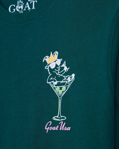 Martini glass goat left-chest graphic on sage t-shirt