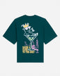 Back of sage t-shirt with martini glass goat graphic and text that reads 'Raise a glass to the GOAT'