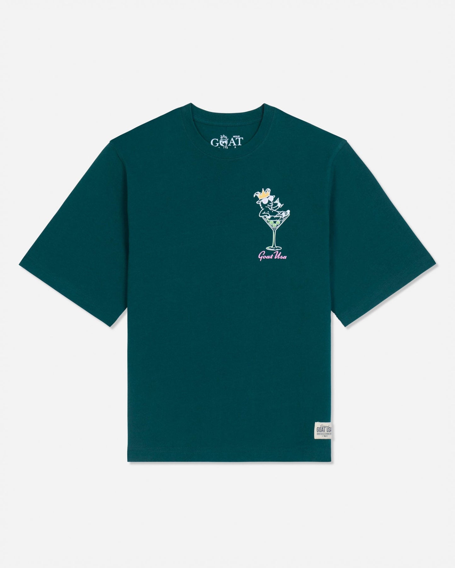 Front of sage t-shirt with martini glass goat left-chest logo