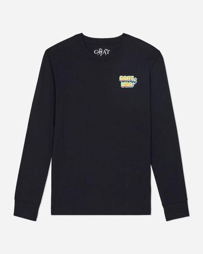 Black long-sleeve shirt with colorful graphics and text on a light gray background