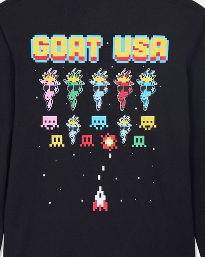 Black sweatshirt with colorful pixelated graphics and 'GOAT USA' text
