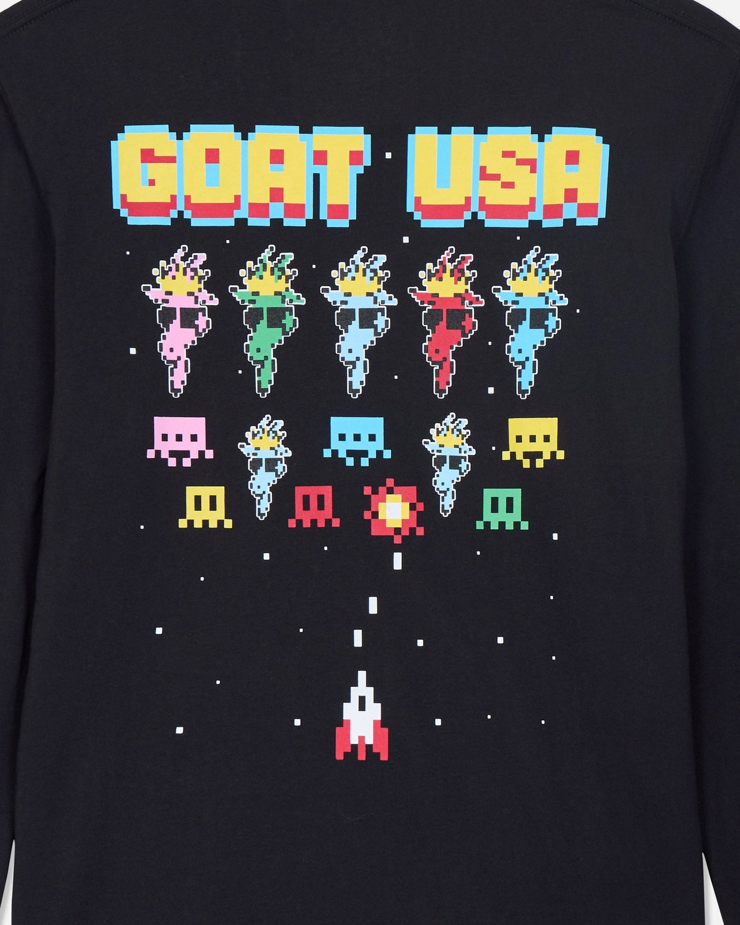Black sweatshirt with colorful pixelated graphics and 'GOAT USA' text