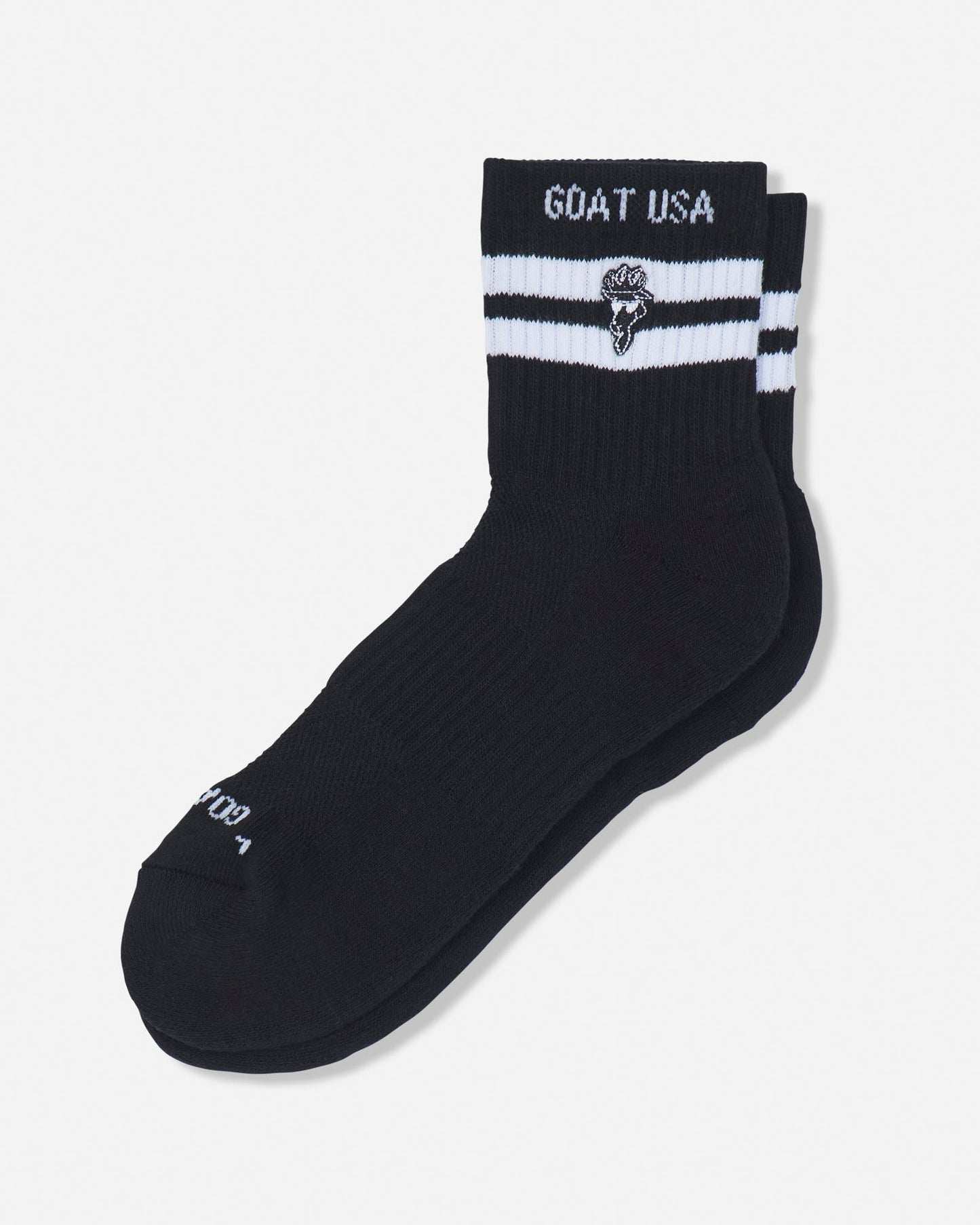A pair of black mid-calf athletic socks with white stripes and 'GOAT USA' branding on the cuff, displayed against a light gray background.#color_black