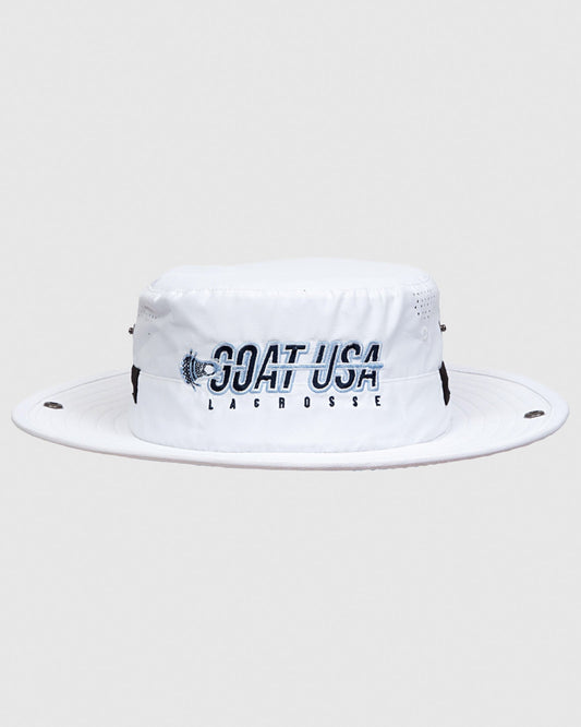 White bucket hat with lacrosse stick design that reads "GOAT USA LACROSSE"