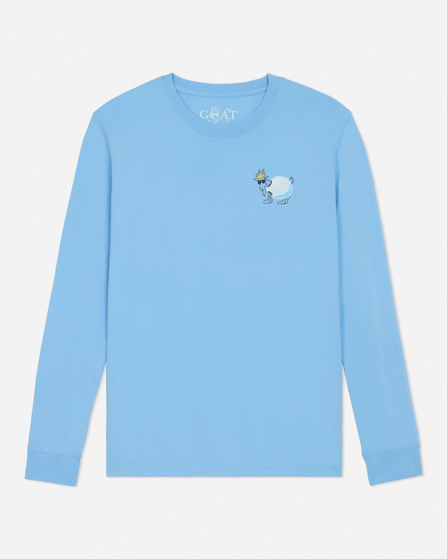 Light blue long-sleeve shirt with a small graphic on a light gray background