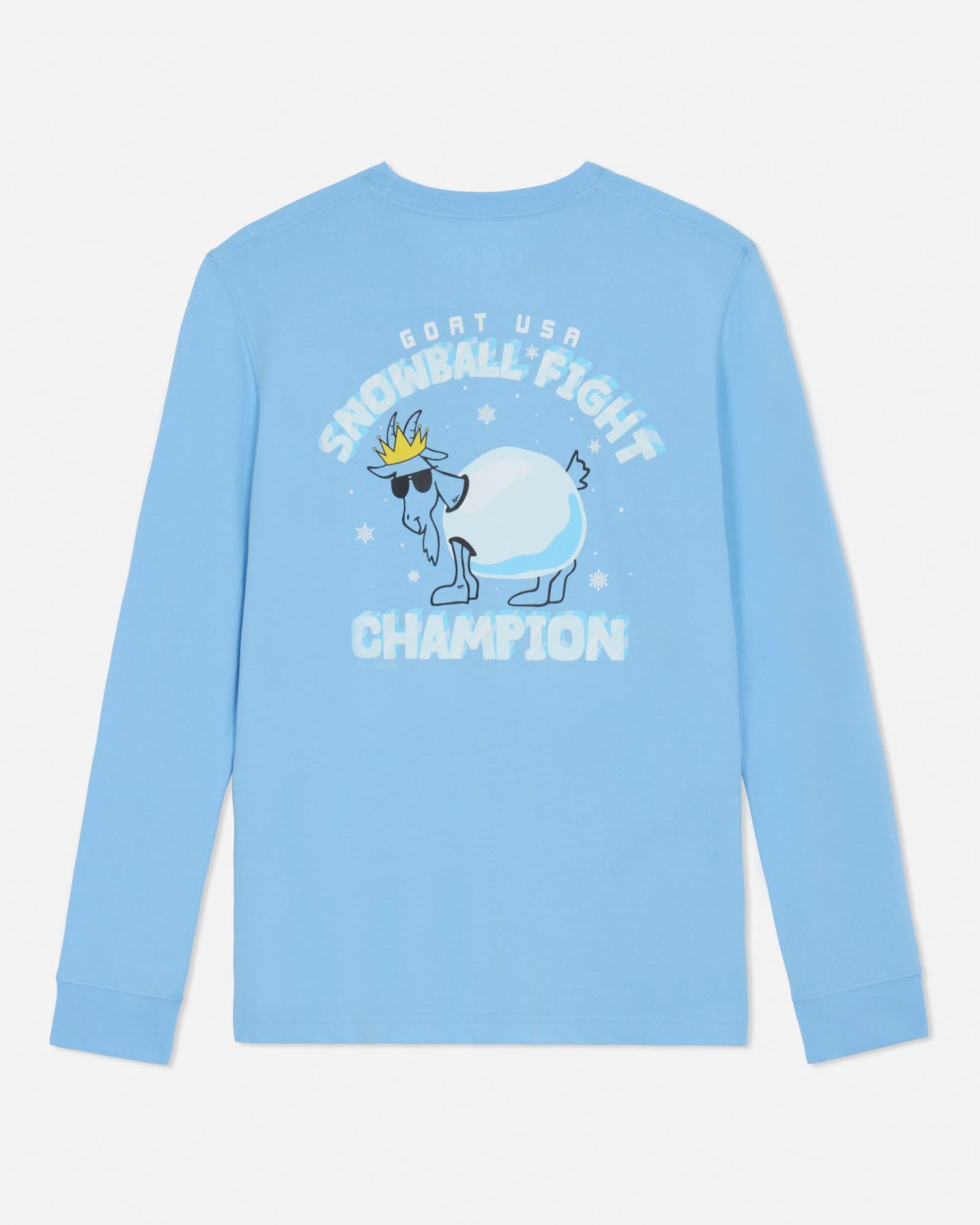 Light blue long-sleeve shirt with snowman graphic and text on a light gray background