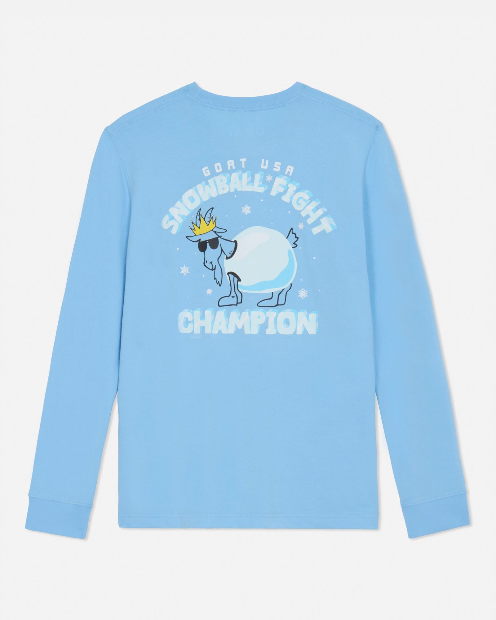 Light blue long-sleeve shirt with snowman graphic and text on a light gray background